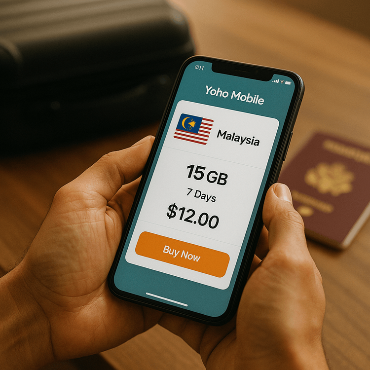Setting up a Yoho Mobile eSIM plan for Malaysia on a smartphone before a trip.