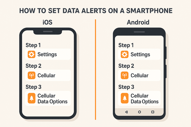 A step-by-step guide on how to set up eSIM data usage alerts for both iOS and Android devices.
