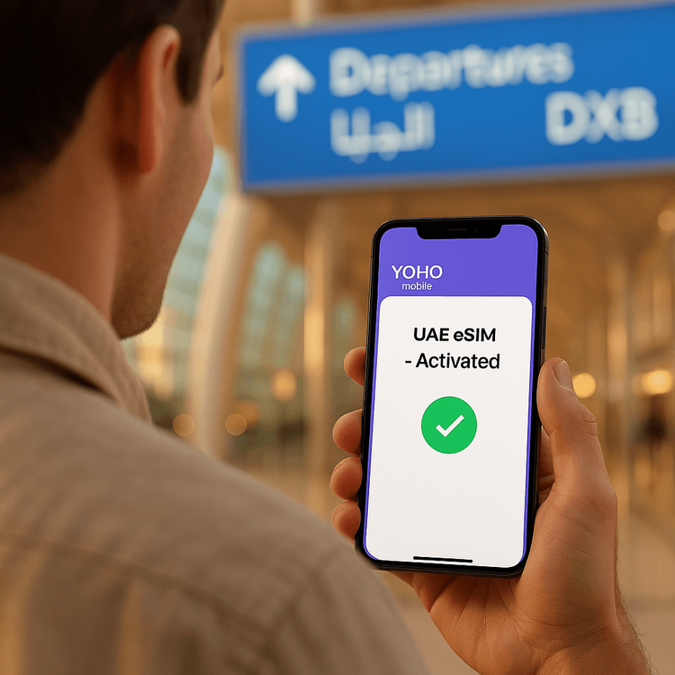 A traveler holding a phone with an activated Yoho Mobile UAE eSIM in Dubai airport.