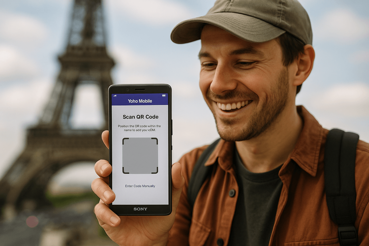 A happy traveler activating their Yoho Mobile eSIM on a Sony Xperia phone for their trip.