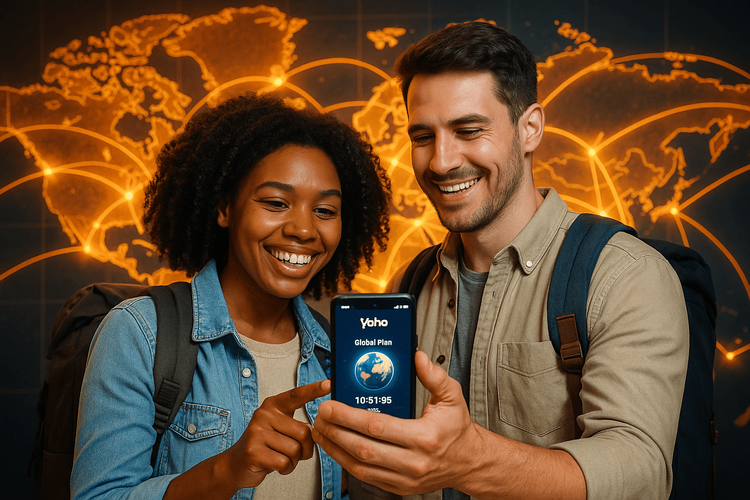 A couple of world travelers using a global eSIM from Yoho Mobile to stay connected across the globe.