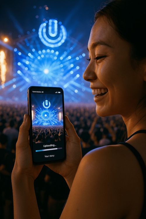 A woman using her fast Yoho Mobile eSIM data to share videos instantly from Ultra Japan 2025.