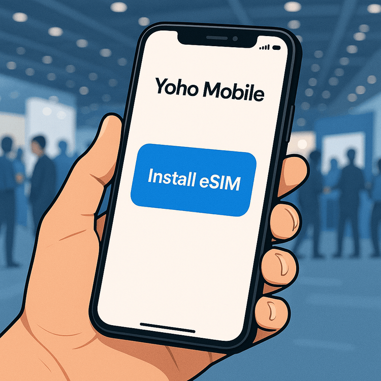 Illustration of a smartphone showing the simple 'Install eSIM' process with the Yoho Mobile app at a tech conference.