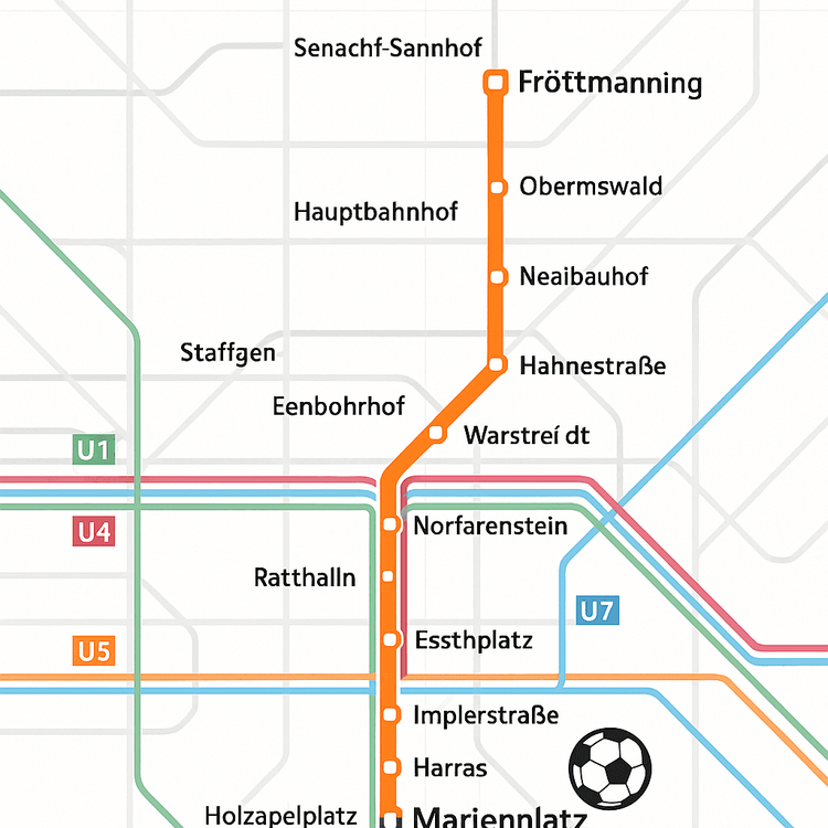 Illustrated map showing the U-Bahn route to Allianz Arena's Fröttmaning station in Munich.