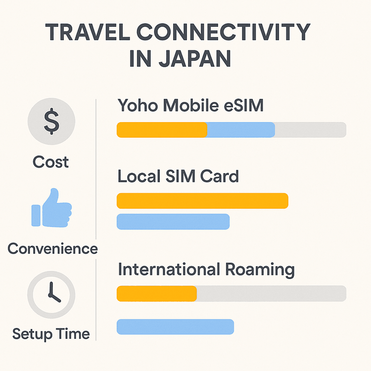 Infographic comparing Yoho Mobile eSIM with local SIMs and roaming for travel in Japan.