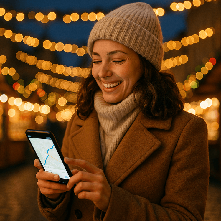 A happy traveler using her Yoho Mobile eSIM for navigation at a European Christmas market.
