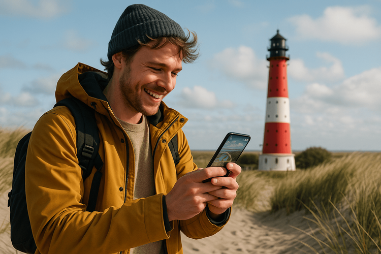 A traveler using their smartphone with a strong signal on the German North Sea island of Pellworm, with the lighthouse in the background.
