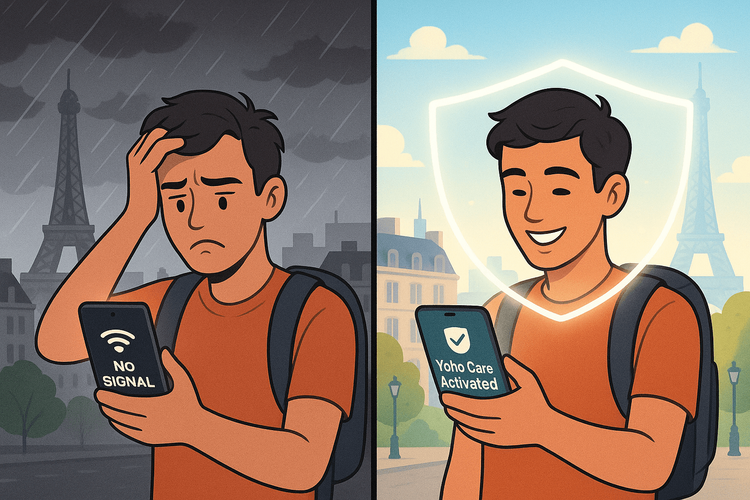 Illustration comparing a traveler without data to a relaxed traveler protected by Yoho Care.