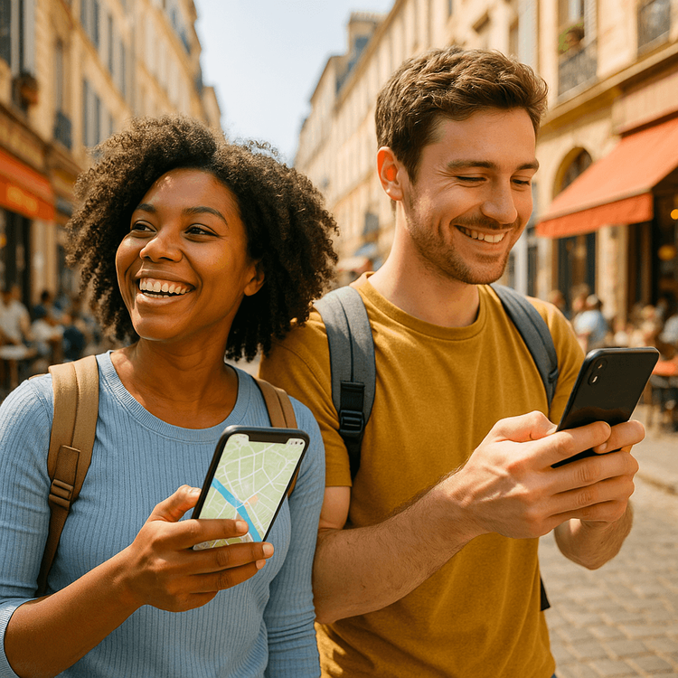 A couple happily exploring a European city, each using their own phone with an eSIM to stay connected independently.