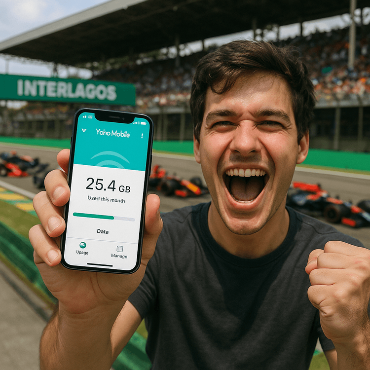 A fan using Yoho Mobile eSIM for high-speed data at the F1 Brazil Grand Prix.