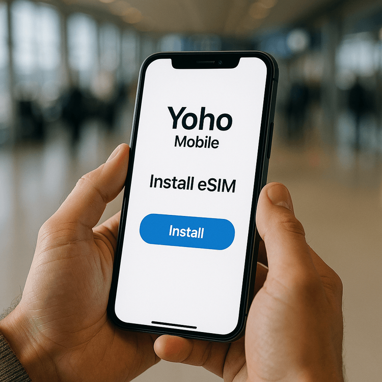Easy and instant installation of a Yoho Mobile eSIM on a smartphone for travel.