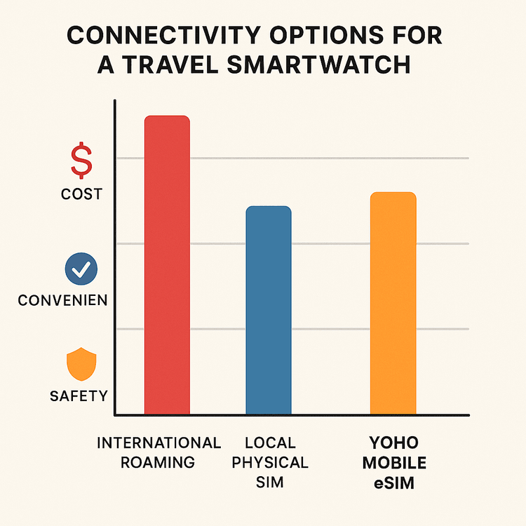 Infographic comparing the cost, convenience, and safety of Yoho Mobile eSIM vs. roaming and local SIMs for smartwatches.