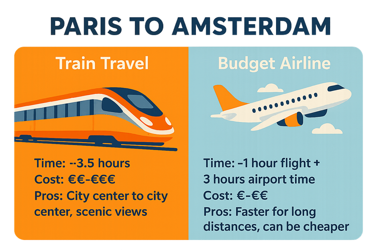 Infographic comparing train travel versus budget airlines for a trip from Paris to Amsterdam, highlighting time and cost differences for European travel.