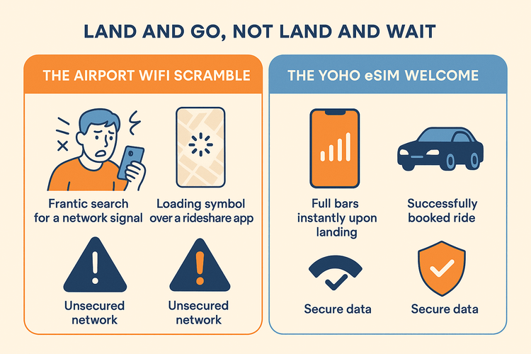 An infographic comparing the stressful experience of finding airport WiFi with the seamless connectivity of a Yoho Mobile eSIM upon arrival.