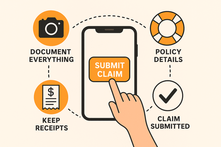 Infographic showing the steps to file a travel insurance claim for a canceled flight using a mobile phone.