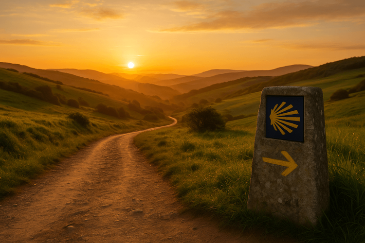 The iconic yellow shell marker on the Camino de Santiago trail at sunrise.