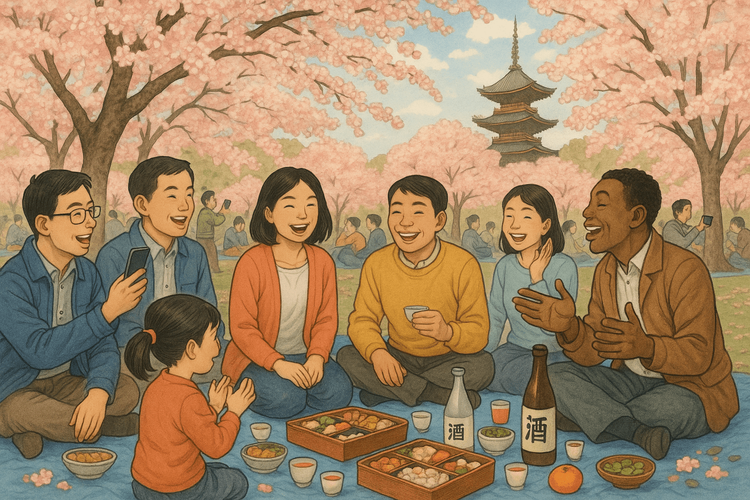 A lively hanami picnic scene under cherry blossom trees in Ueno Park, Tokyo.