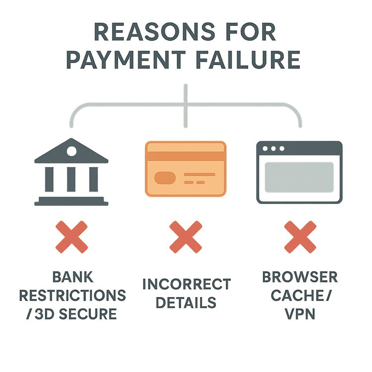 Infographic showing common reasons for eSIM payment failure: bank issues, incorrect details, and browser problems.