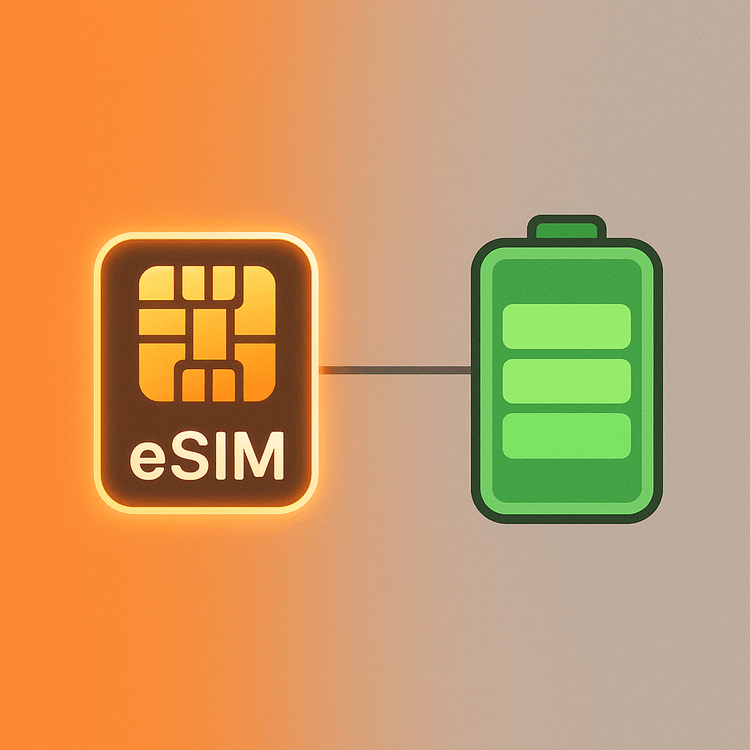 A graphic illustrating the balanced relationship between eSIM technology and phone battery life.