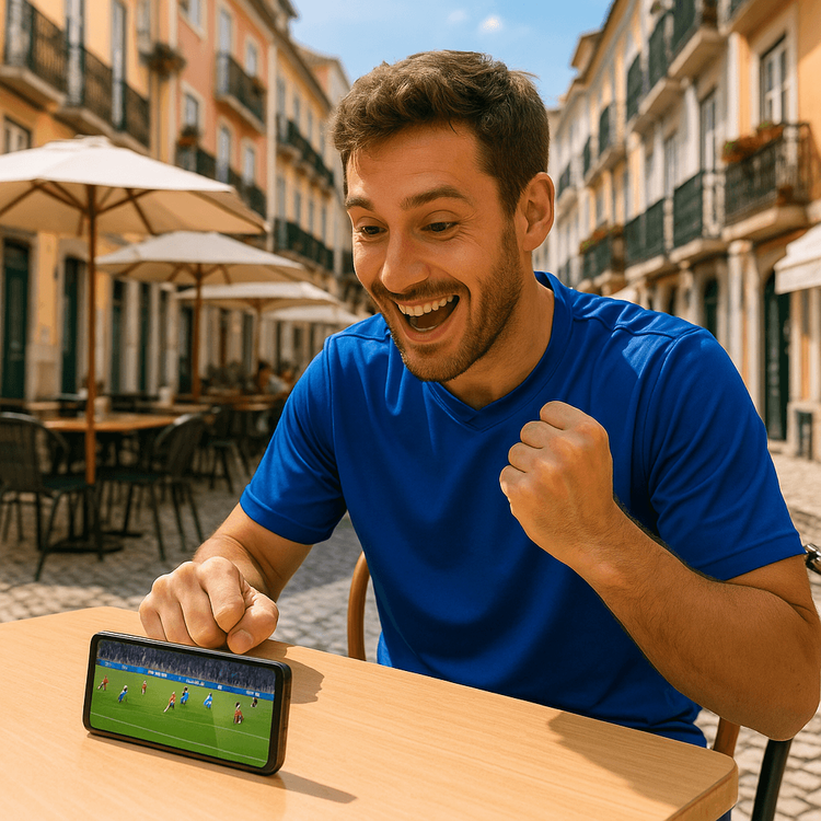 A football fan watching a live match on his smartphone with a Yoho Mobile eSIM while traveling in Europe.