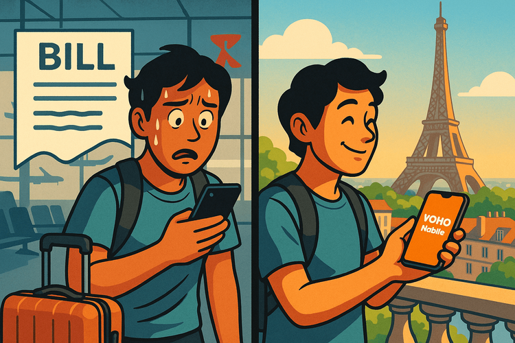 A comparison showing a stressed traveler with high roaming bills versus a happy traveler using a Yoho Mobile eSIM in Europe.
