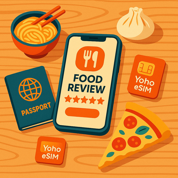 A flat lay of a smartphone with a food app, passport, and international food items, representing a tech guide for food tourism.