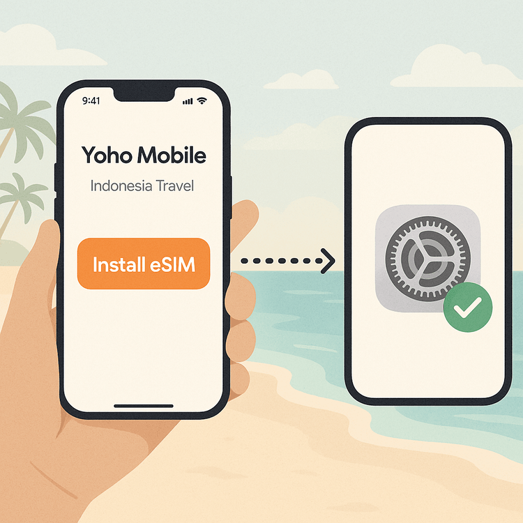 Illustration of the simple, one-tap eSIM installation process for iOS users with Yoho Mobile.