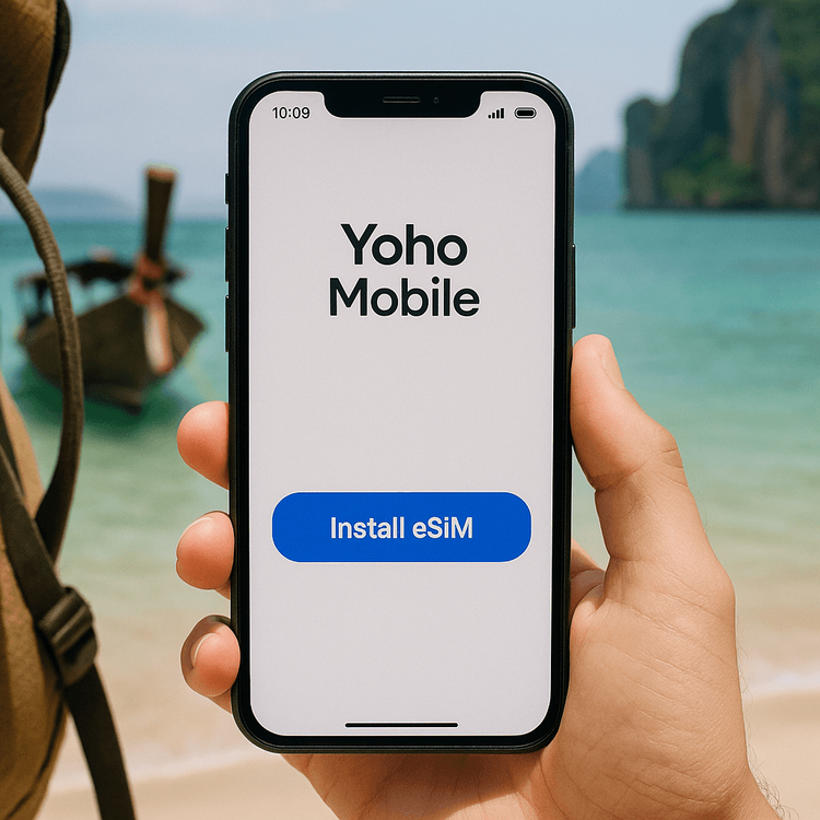 A traveler easily installing a Yoho Mobile eSIM on their smartphone with a beautiful Thai beach in the background.
