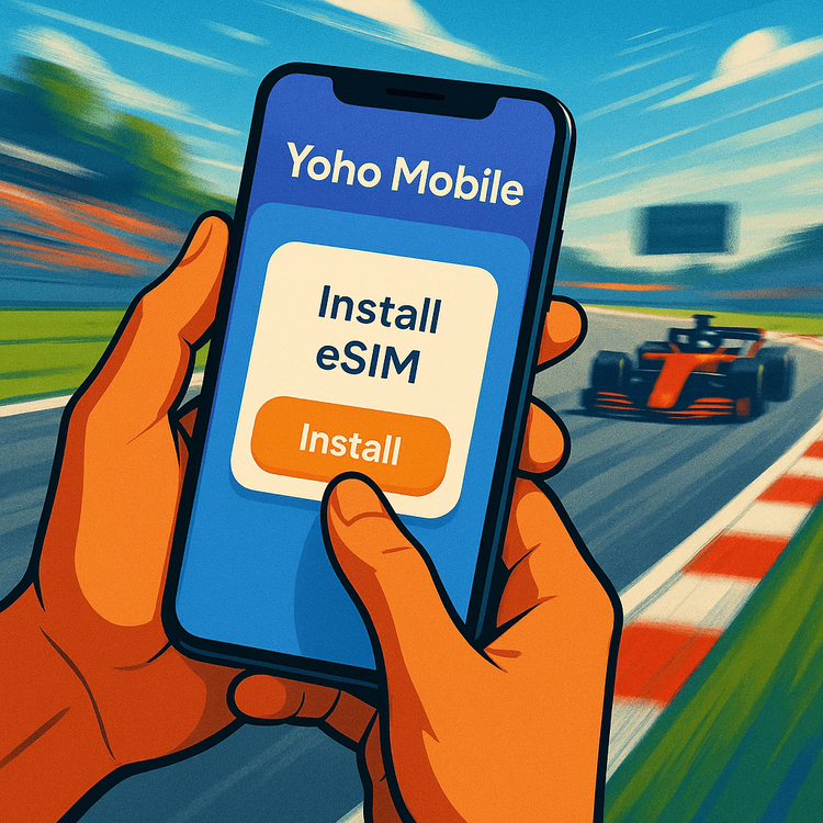 Illustration showing the simple one-tap installation process for a Yoho Mobile eSIM on a smartphone, with a Formula 1 race in the background.