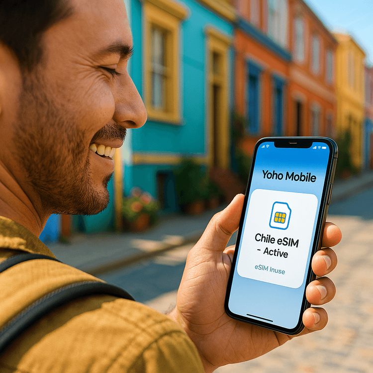 A traveler in Chile happily using their phone with an active Yoho Mobile eSIM plan.