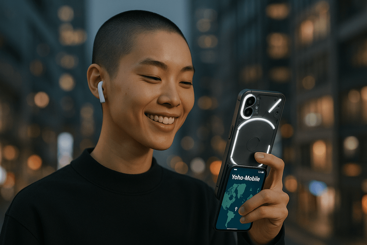 A traveler using a Yoho Mobile eSIM on their Nothing Phone (2) in a modern city, showcasing seamless global connectivity.