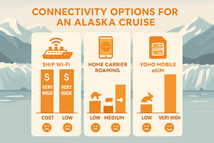 A comparison chart showing that Yoho Mobile eSIM is more affordable and convenient than cruise ship Wi-Fi and home carrier roaming for an Alaska cruise.