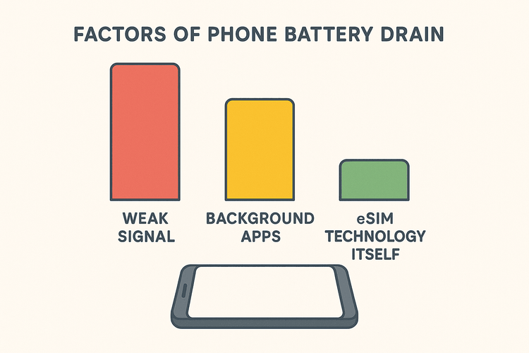 An infographic showing that weak signals and background apps are the biggest causes of battery drain, not the eSIM itself.