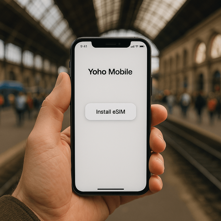 A traveler easily installing their Yoho Mobile eSIM on an iPhone at a train station before their journey.