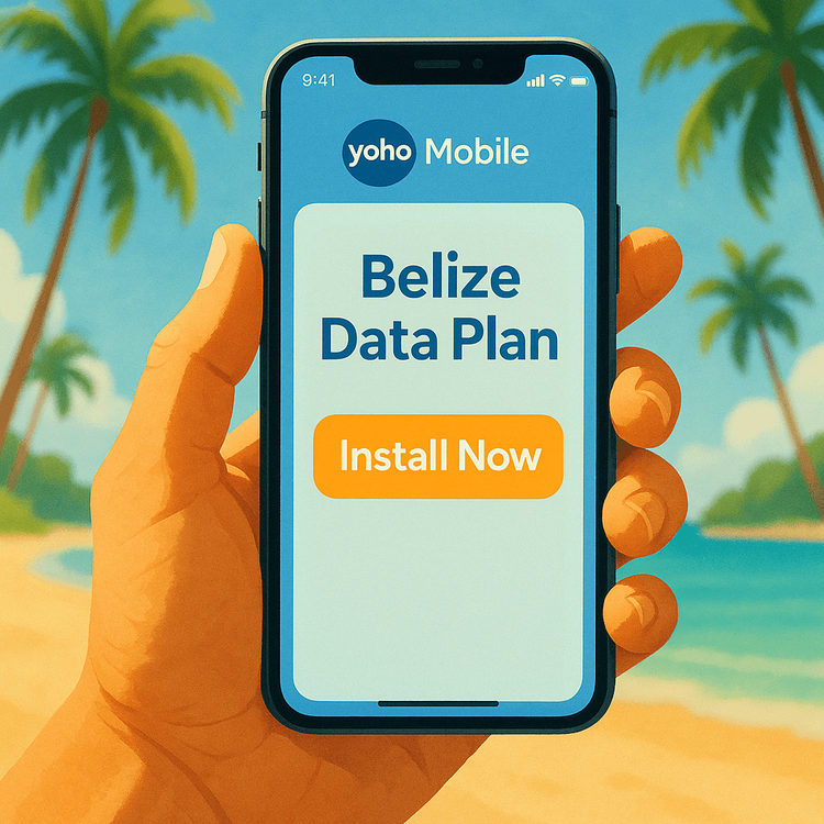 Illustration of the simple one-click installation process for a Yoho Mobile eSIM on an iPhone for a trip to Belize.