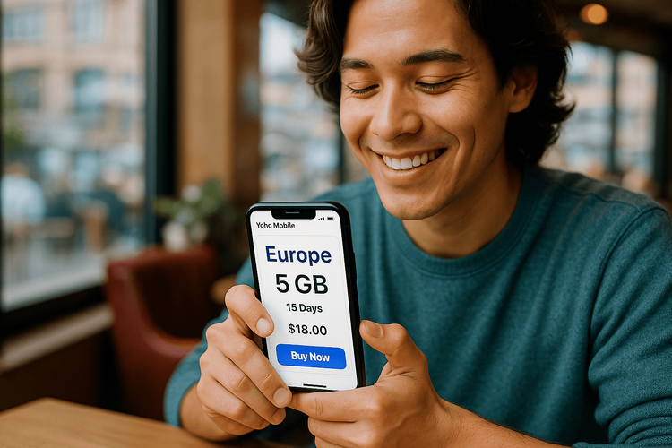 A happy traveler using their Yoho Mobile eSIM plan seamlessly while abroad.