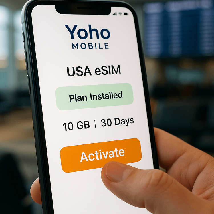 A user activating their Yoho Mobile USA eSIM on their smartphone in an airport, ready for their trip.