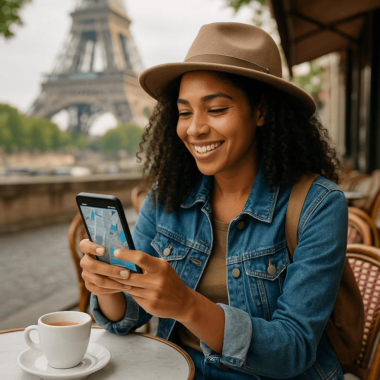 A relaxed traveler using their phone at an outdoor cafe in Paris, enjoying seamless internet connection thanks to a Yoho Mobile eSIM.