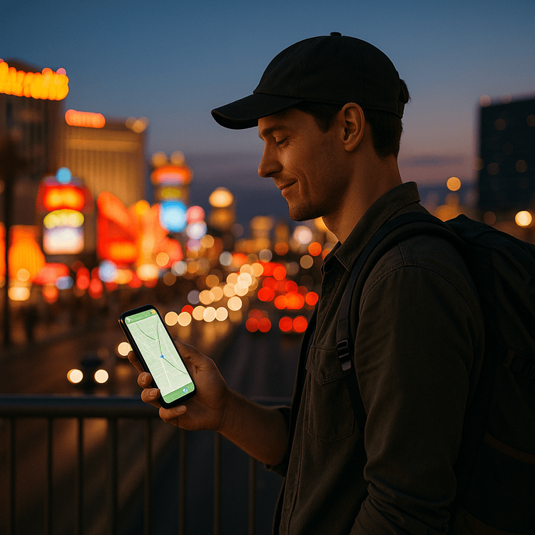 A traveler uses their phone with a reliable data connection for navigation on the Las Vegas Strip.
