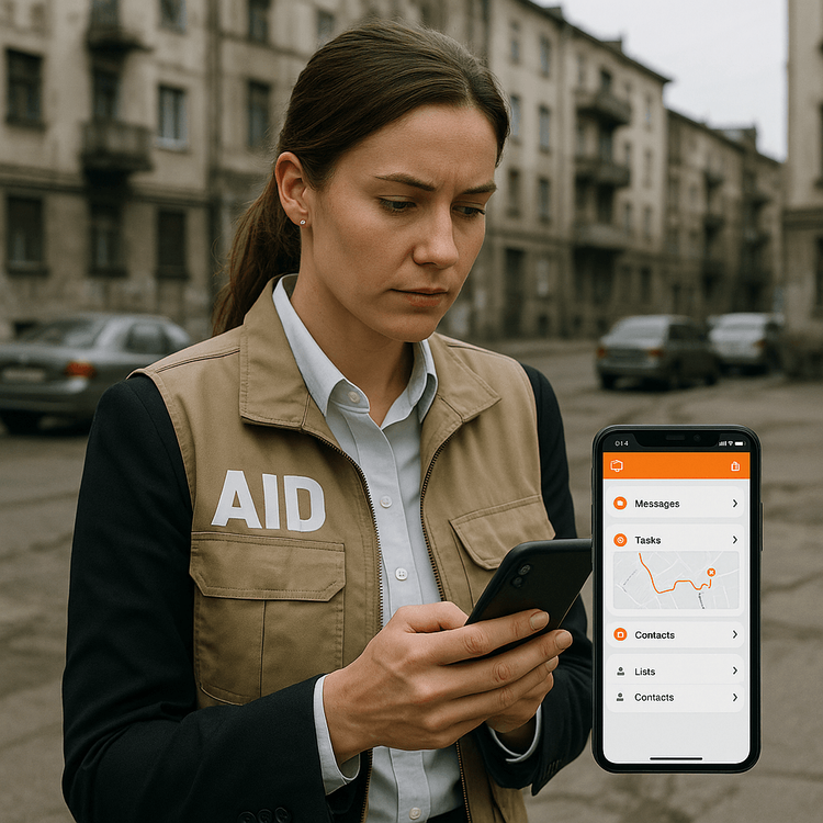 An aid worker using a smartphone for critical communications in Ukraine.