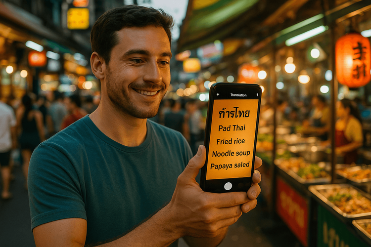 Ein Reisender, der eine Handy-App verwendet, um eine thailändische Speisekarte auf einem Markt in Echtzeit zu übersetzen.