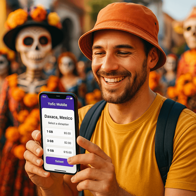 A traveler using a Yoho Mobile eSIM on their phone during the Day of the Dead festival in Oaxaca, Mexico.