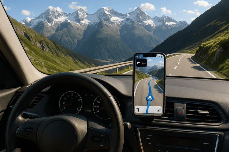 View from a car driving through the Swiss Alps with a smartphone showing a navigation map powered by Yoho Mobile.