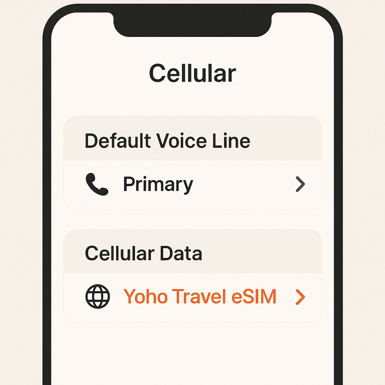 Diagram showing how to set up a dual SIM phone for travel, with voice on the primary line and data on the Yoho eSIM.