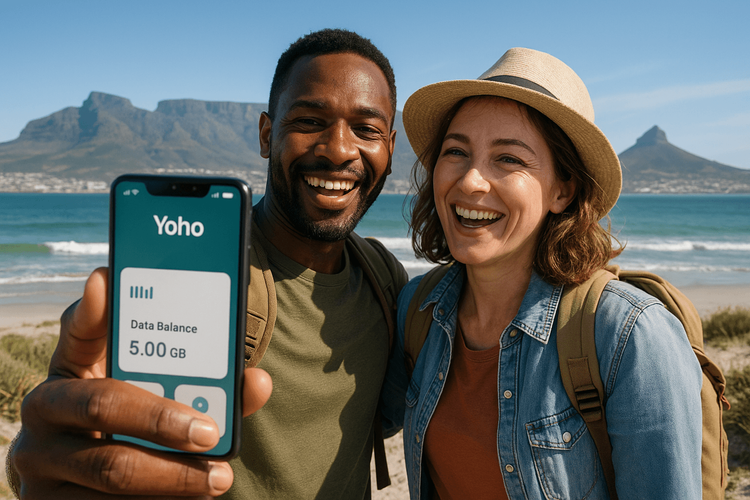 A happy couple using a Yoho Mobile eSIM on their phone to stay connected while visiting Cape Town, South Africa.