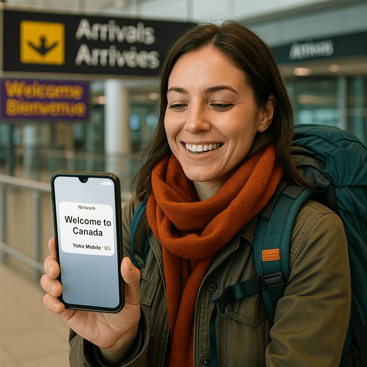 A traveler smiles at her phone, instantly connected to the Yoho Mobile network upon landing in a Canadian airport.