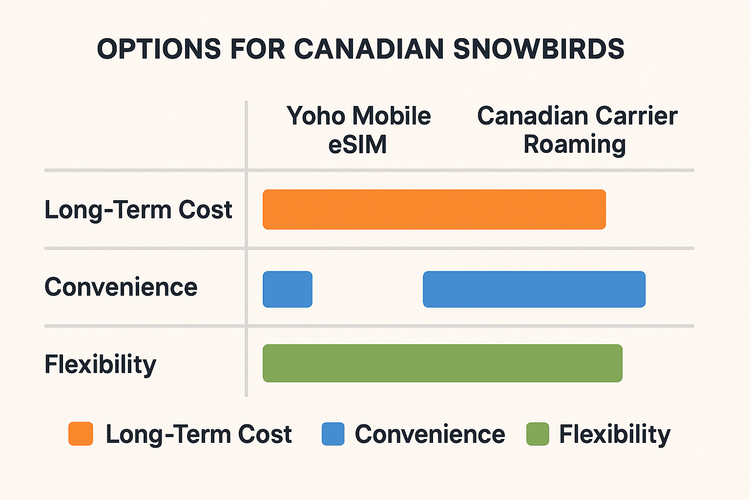 Infographic comparing Yoho Mobile eSIM, Canadian Roaming, and Local SIMs on cost, convenience, and flexibility for Canadian snowbirds.