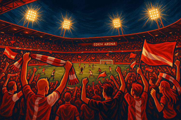 An illustration depicting the exciting atmosphere of a Slavia Prague football match at Eden Aréna.