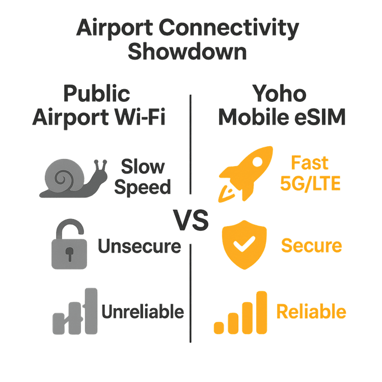 An infographic comparing the slow and insecure public airport Wi-Fi with the fast, secure, and reliable connection of a Yoho Mobile eSIM.