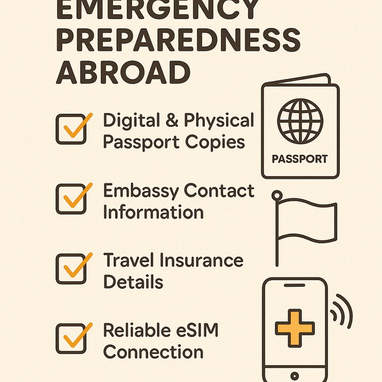 An illustrated checklist of essential preparations for handling emergencies while traveling abroad.